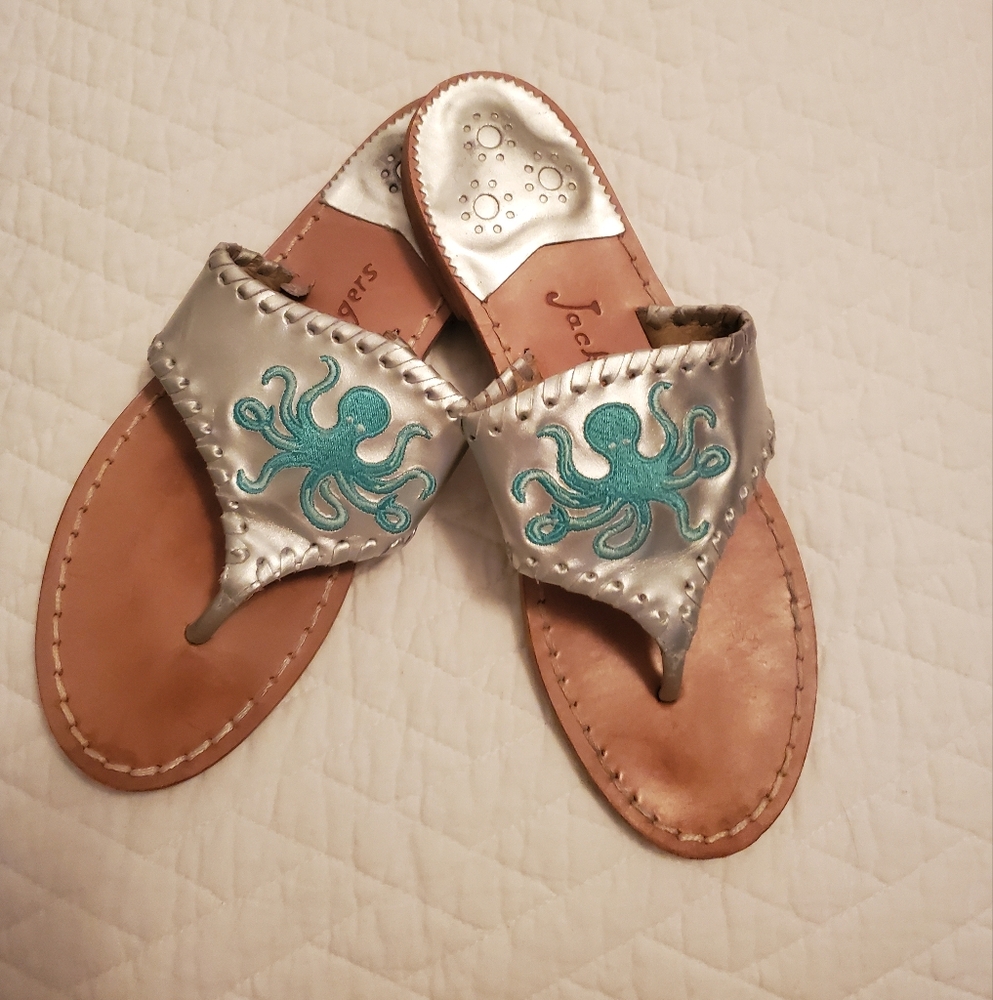 Jack Rogers Silver Sandals with Teal Octopus Design Sz 6.5